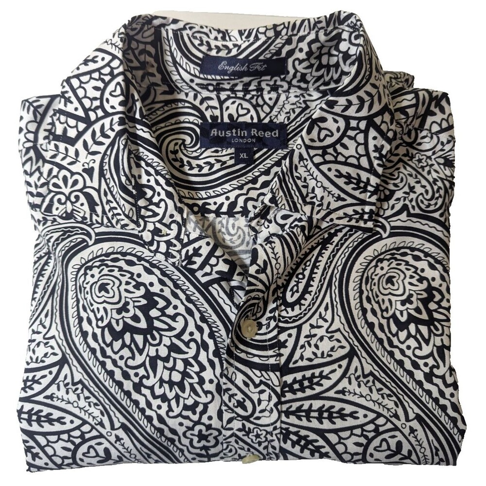 NWT Austin Reed London Men's XL Shirt English Fit Cotton Black White Paisley L/S